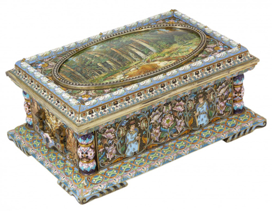 Russian silver enameled box with miniature landscape painting after Ivan Ivanovich Shishkin. Image courtesy of Elite Decorative Arts.